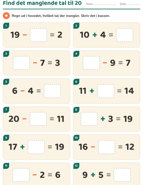 Forhåndsvisning af Hovedregning-arbejdsark til 1. klasse
