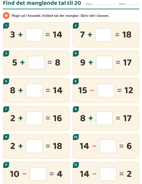 Forhåndsvisning af Hovedregning-arbejdsark til 1. klasse