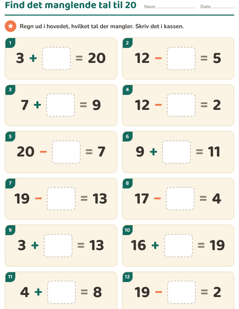 Forhåndsvisning af Hovedregning-arbejdsark til 1. klasse
