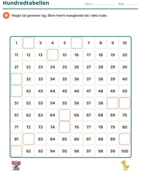 Hundredfelt i 1. klasse – udfyld, hoppe-tæl og 10 mere eller mindre — 3