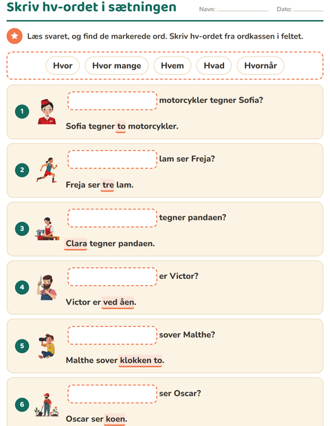 Forhåndsvisning af Hv-ord-arbejdsark til 1. klasse