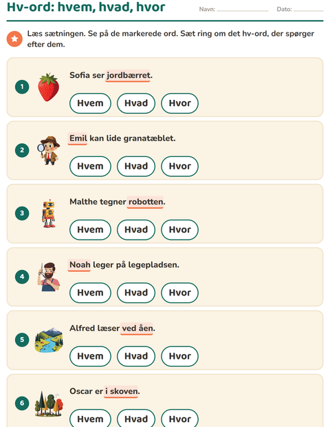 Forhåndsvisning af Hv-ord-arbejdsark til 1. klasse