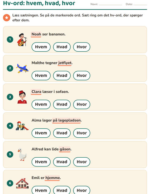 Forhåndsvisning af Hv-ord-arbejdsark til 1. klasse
