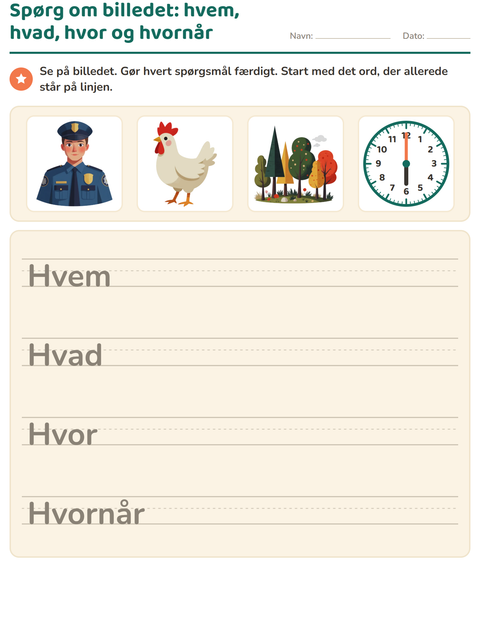 Forhåndsvisning af Hv-ord-arbejdsark til 2. klasse