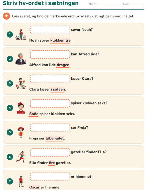 Forhåndsvisning af Hv-ord-arbejdsark til 1. klasse