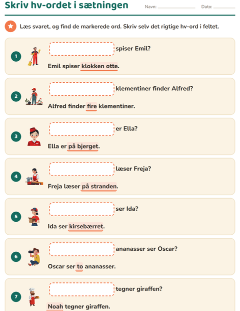 Forhåndsvisning af Hv-ord-arbejdsark til 1. klasse