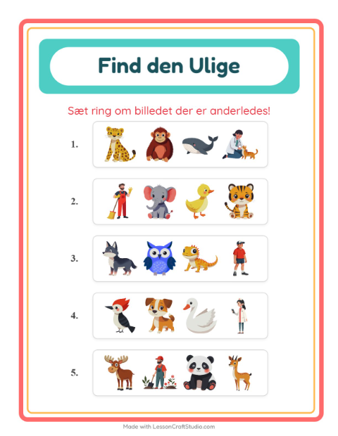 Hvad passer ikke? Dyr – opgave til børnehaveklassen — 5