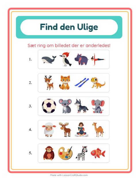 Hvad passer ikke? Dyr – opgave til børnehaveklassen — 2