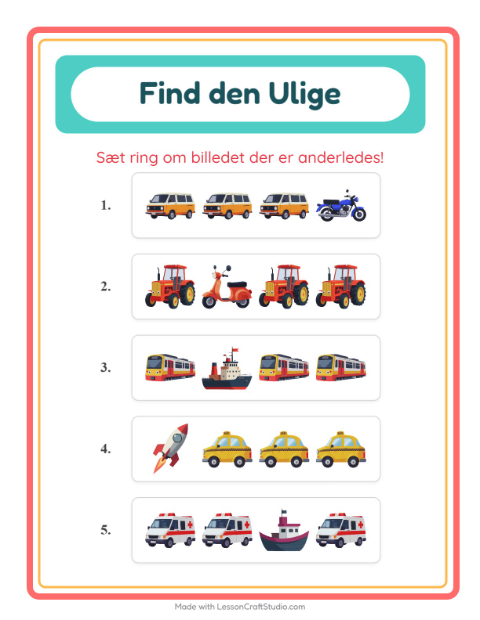 Forhåndsvisning af Hvad passer ikke? Køretøjer (svær) – opgave til børnehaveklassen