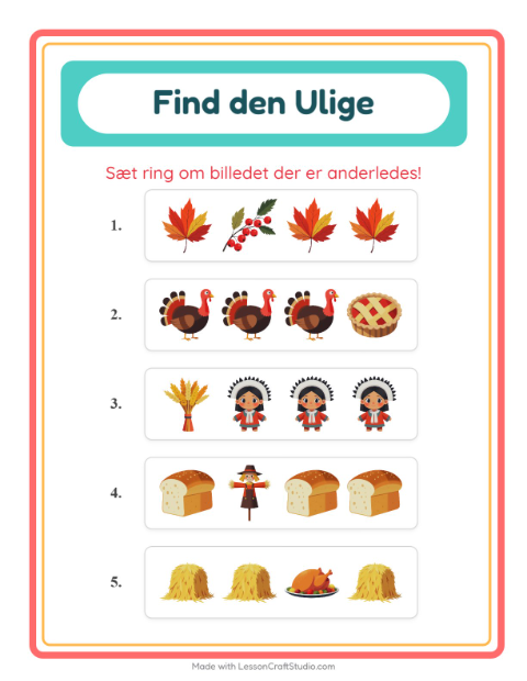 Forhåndsvisning af Hvad passer ikke? Thanksgiving (svær) – opgave til børnehaveklassen