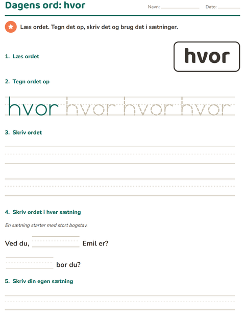 Forhåndsvisning af De hyppigste ord-arbejdsark til Børnehaveklasse