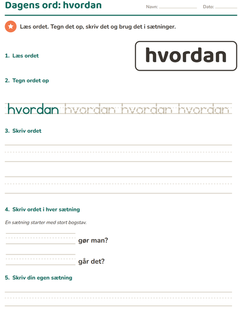 Forhåndsvisning af De hyppigste ord-arbejdsark til Børnehaveklasse