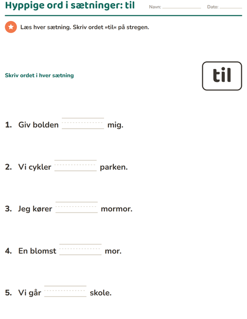 Forhåndsvisning af De hyppigste ord-arbejdsark til Børnehaveklasse
