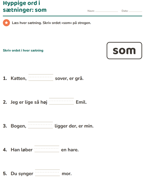 Forhåndsvisning af De hyppigste ord-arbejdsark til Børnehaveklasse