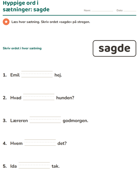 Forhåndsvisning af De hyppigste ord-arbejdsark til Børnehaveklasse