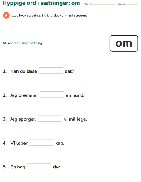 Forhåndsvisning af De hyppigste ord-arbejdsark til Børnehaveklasse