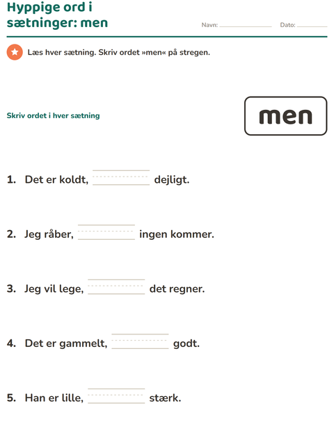 Forhåndsvisning af De hyppigste ord-arbejdsark til Børnehaveklasse