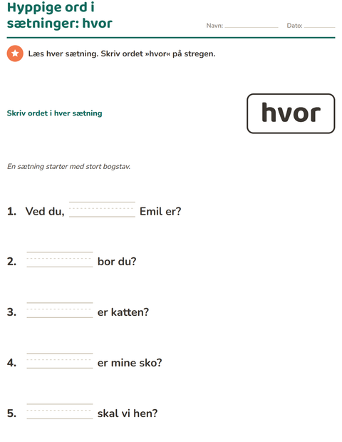 Forhåndsvisning af De hyppigste ord-arbejdsark til Børnehaveklasse