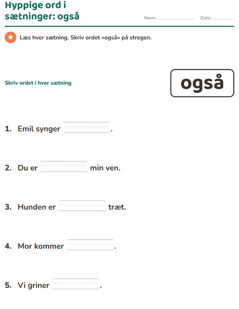 Forhåndsvisning af De hyppigste ord-arbejdsark til Børnehaveklasse