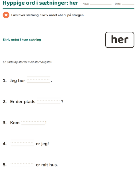 Forhåndsvisning af De hyppigste ord-arbejdsark til Børnehaveklasse