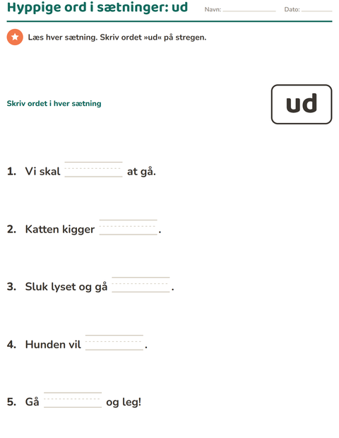 Forhåndsvisning af De hyppigste ord-arbejdsark til Børnehaveklasse