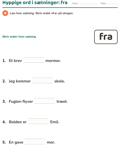 Forhåndsvisning af De hyppigste ord-arbejdsark til Børnehaveklasse