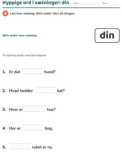 Forhåndsvisning af De hyppigste ord-arbejdsark til Børnehaveklasse