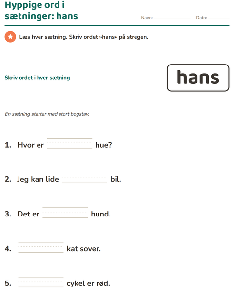 Forhåndsvisning af De hyppigste ord-arbejdsark til Børnehaveklasse