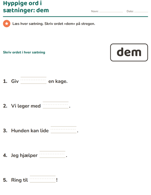 Forhåndsvisning af De hyppigste ord-arbejdsark til Børnehaveklasse