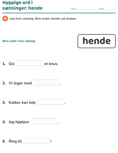 Forhåndsvisning af De hyppigste ord-arbejdsark til Børnehaveklasse