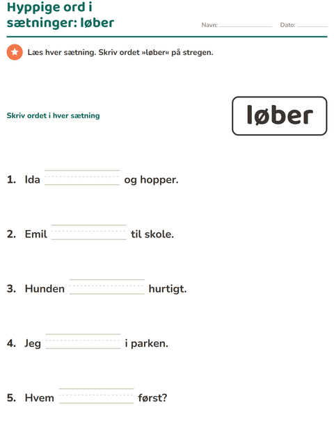 Forhåndsvisning af De hyppigste ord-arbejdsark til Børnehaveklasse
