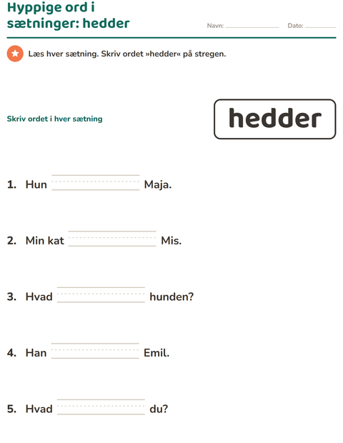 Forhåndsvisning af De hyppigste ord-arbejdsark til Børnehaveklasse