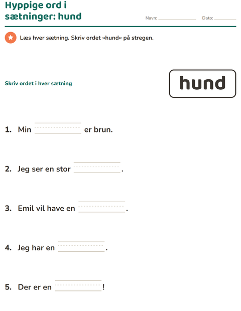 Forhåndsvisning af De hyppigste ord-arbejdsark til Børnehaveklasse