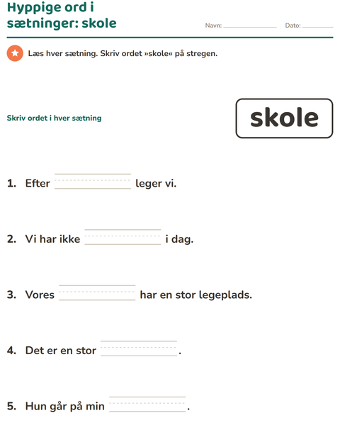 Forhåndsvisning af De hyppigste ord-arbejdsark til Børnehaveklasse