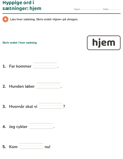 Forhåndsvisning af De hyppigste ord-arbejdsark til Børnehaveklasse