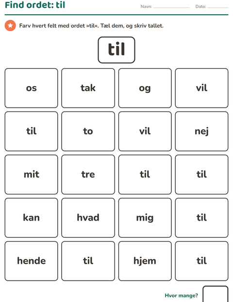 Forhåndsvisning af De hyppigste ord-arbejdsark til Børnehaveklasse
