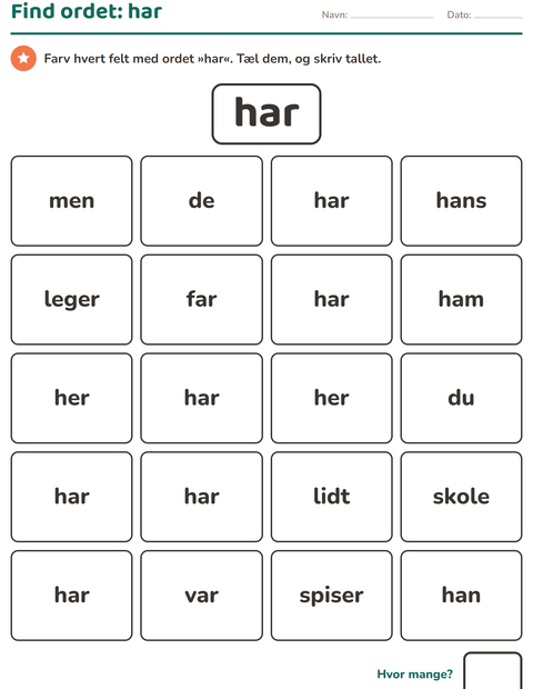 Forhåndsvisning af De hyppigste ord-arbejdsark til Børnehaveklasse