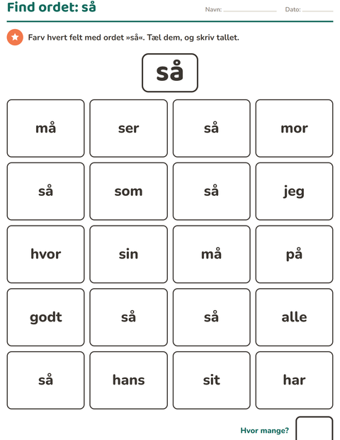 Forhåndsvisning af De hyppigste ord-arbejdsark til Børnehaveklasse