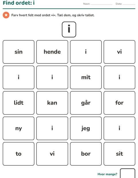 Forhåndsvisning af De hyppigste ord-arbejdsark til Børnehaveklasse