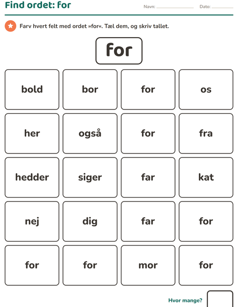 Forhåndsvisning af De hyppigste ord-arbejdsark til Børnehaveklasse