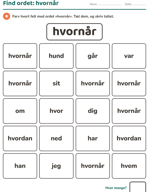 Forhåndsvisning af De hyppigste ord-arbejdsark til Børnehaveklasse