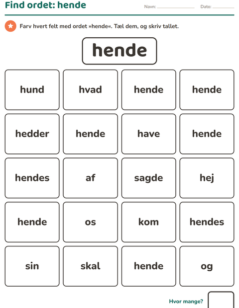 Forhåndsvisning af De hyppigste ord-arbejdsark til Børnehaveklasse