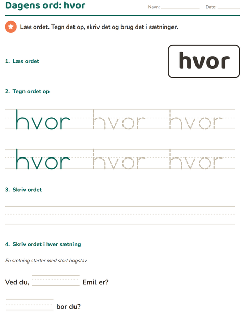 Forhåndsvisning af De hyppigste ord-arbejdsark til Børnehaveklasse