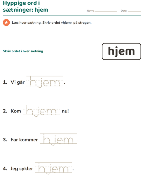 Forhåndsvisning af De hyppigste ord-arbejdsark til Børnehaveklasse