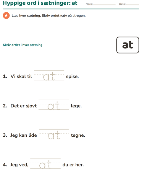 Forhåndsvisning af De hyppigste ord-arbejdsark til Børnehaveklasse