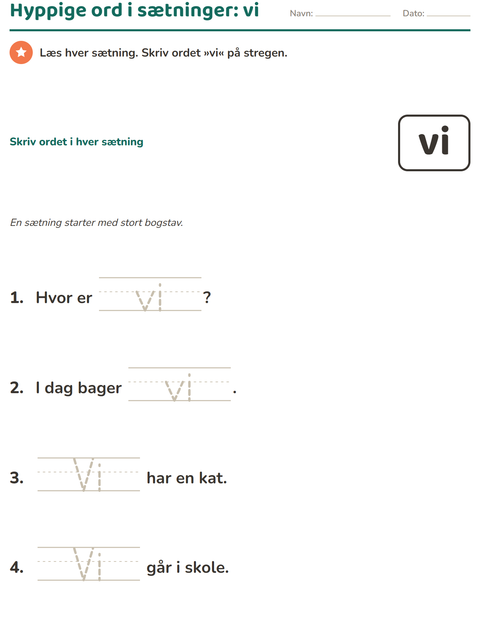 Forhåndsvisning af De hyppigste ord-arbejdsark til Børnehaveklasse