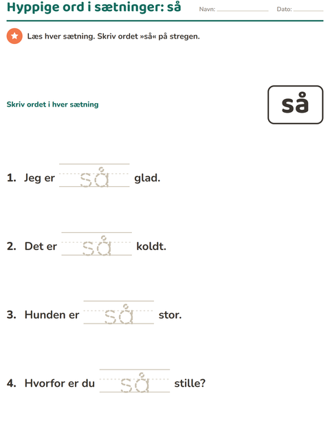 Forhåndsvisning af De hyppigste ord-arbejdsark til Børnehaveklasse