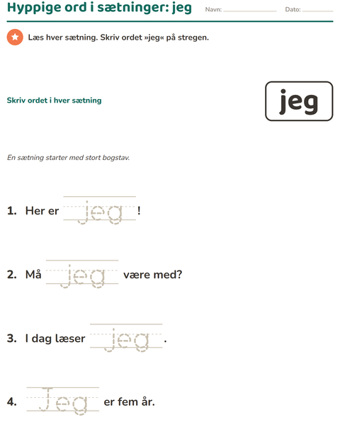 Forhåndsvisning af De hyppigste ord-arbejdsark til Børnehaveklasse