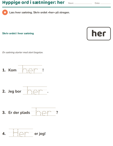 Forhåndsvisning af De hyppigste ord-arbejdsark til Børnehaveklasse