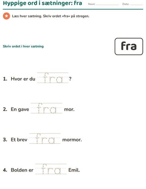 Forhåndsvisning af De hyppigste ord-arbejdsark til Børnehaveklasse